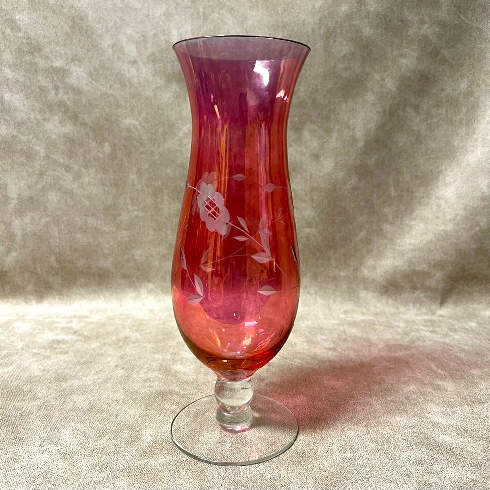 Red Flash Etched Floral and Leaf Glass Hurricane Vase